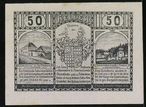 Notgeld Schenkenfelden 1920, 50 Heller, Stadtansicht und Wappen, Geburtshaus Harruckern und Kapelle