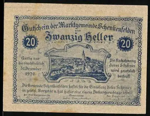 Notgeld Schenkenfelden 1920, 20 Heller, Stadtansicht und Wappen der Marktgemeinde