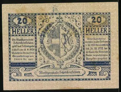 Notgeld Schenkenfelden 1920, 20 Heller, Stadtansicht und Wappen der Marktgemeinde