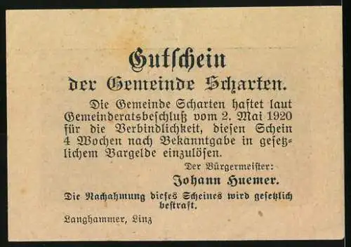 Notgeld Scharten 1920, 10 Heller, Weinfass und Obststillleben