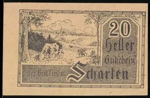 Notgeld Scharten 1920, 20 Heller, Landschaftsmotiv mit Dorfansicht und Weide