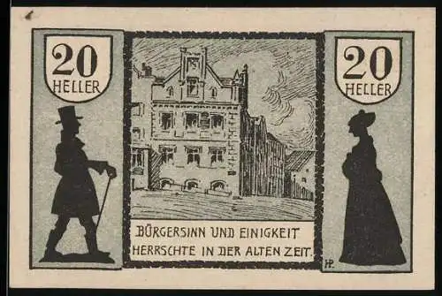 Notgeld Schärding 1920, 20 Heller, Bürger und Gebäude, Stadtwappen, II. Auflage