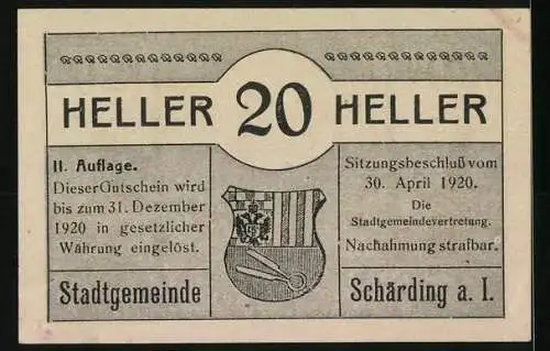 Notgeld Schärding 1920, 20 Heller, Bürger und Gebäude, Stadtwappen, II. Auflage