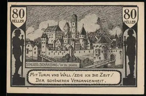 Notgeld Schärding 1920, 80 Heller, Schloss Schärding im XV. Jahrh., Wappen der Stadtgemeinde