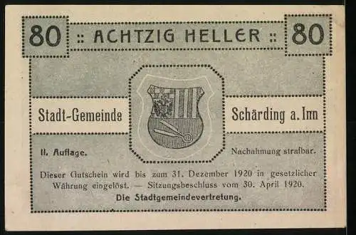 Notgeld Schärding 1920, 80 Heller, Schloss Schärding im XV. Jahrh., Wappen der Stadtgemeinde