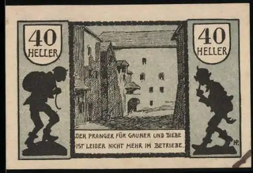 Notgeld Schärding 1920, 40 Heller, Gauner und Diebe Motiv, Stadtwappen