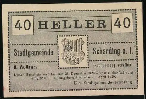 Notgeld Schärding 1920, 40 Heller, Gauner und Diebe Motiv, Stadtwappen