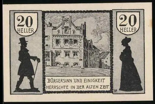 Notgeld Schärding 1920, 20 Heller, Gebäude, Bürgerfiguren, Spruch Bürgersinn und Einigkeit, Wappen