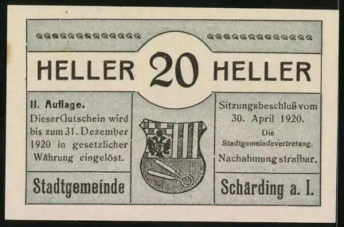 Notgeld Schärding 1920, 20 Heller, Gebäude, Bürgerfiguren, Spruch Bürgersinn und Einigkeit, Wappen