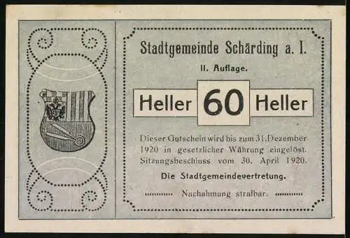 Notgeld Schärding 1920, 60 Heller, Brücke über den Inn, zwei Wappen integriert