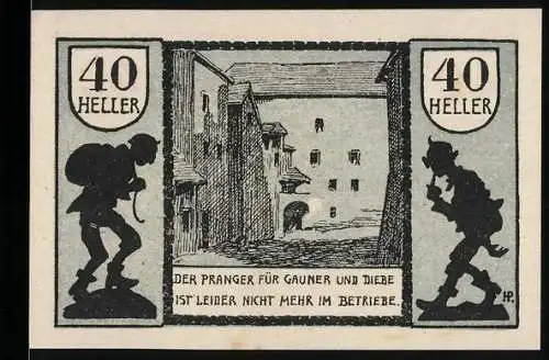 Notgeld Schärding 1920, 40 Heller, Gasse mit Gauner-Silhouetten, Pranger nicht im Betrieb, Wappen