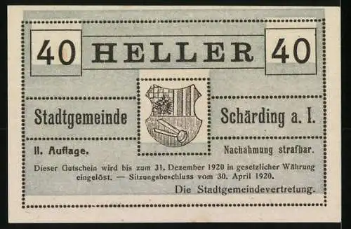 Notgeld Schärding 1920, 40 Heller, Gasse mit Gauner-Silhouetten, Pranger nicht im Betrieb, Wappen