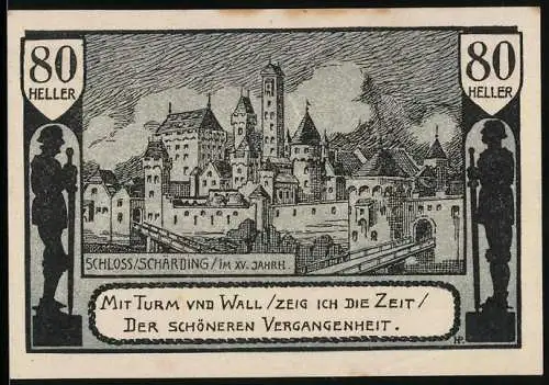 Notgeld Schärding 1920, 80 Heller, Schlossansicht im 15. Jahrhundert, mit Wappen und Silhouetten