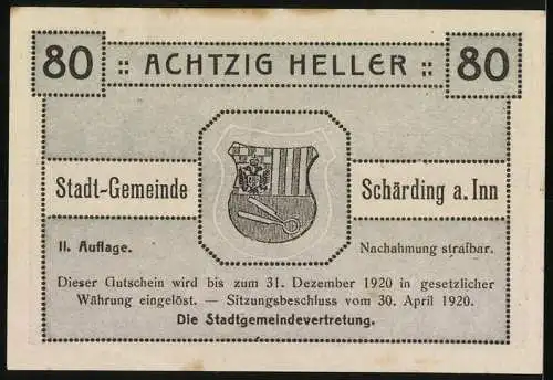 Notgeld Schärding 1920, 80 Heller, Schlossansicht im 15. Jahrhundert, mit Wappen und Silhouetten