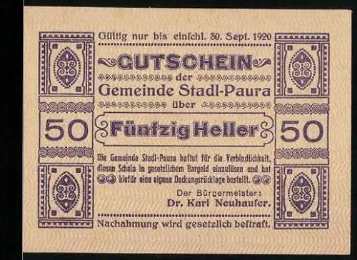 Notgeld Stadl-Paura 1920, 50 Heller, dekoratives Muster und Textgutscheine