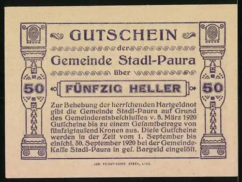 Notgeld Stadl-Paura 1920, 50 Heller, dekoratives Muster und Textgutscheine