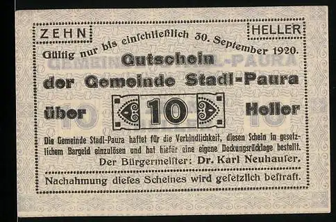 Notgeld Stadl-Paura 1920, 10 Heller, Gutschein der Gemeinde mit Verfallsdatum und gesetzlicher Einlösung