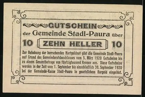 Notgeld Stadl-Paura 1920, 10 Heller, Gutschein der Gemeinde mit Verfallsdatum und gesetzlicher Einlösung