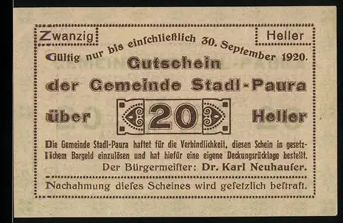 Notgeld Stadl-Paura 1920, 20 Heller, Gutschein der Gemeinde mit Text und Verzierung