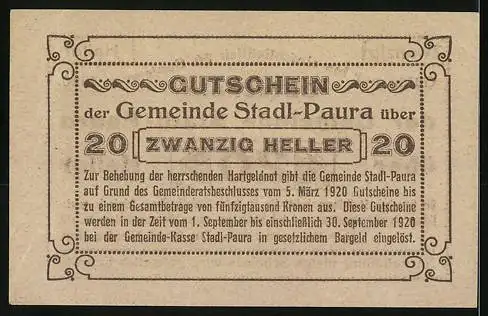 Notgeld Stadl-Paura 1920, 20 Heller, Gutschein der Gemeinde mit Text und Verzierung