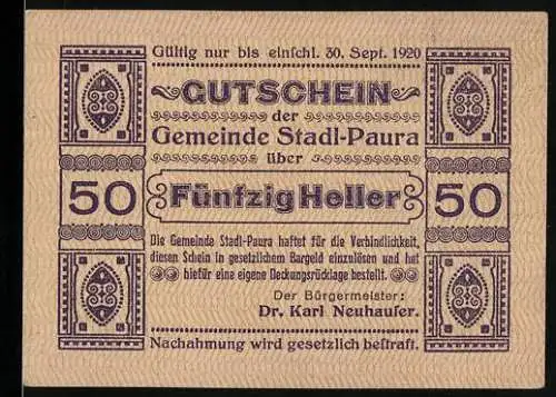 Notgeld Stadl-Paura 1920, 50 Heller, dekoratives Muster und Text mit Gültigkeitshinweis