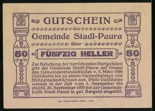 Notgeld Stadl-Paura 1920, 50 Heller, dekoratives Muster und Text mit Gültigkeitshinweis