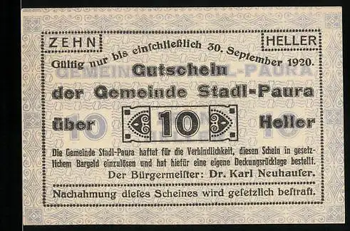 Notgeld Stadl-Paura 1920, 10 Heller, Gutschein mit Gemeindeankündigung und Gültigkeitsdatum