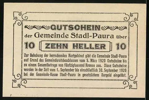 Notgeld Stadl-Paura 1920, 10 Heller, Gutschein mit Gemeindeankündigung und Gültigkeitsdatum