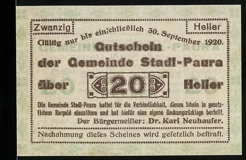 Notgeld Stadl-Paura 1920, 20 Heller, Gutschein der Gemeinde Stadl-Paura