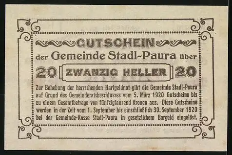 Notgeld Stadl-Paura 1920, 20 Heller, Gutschein der Gemeinde Stadl-Paura