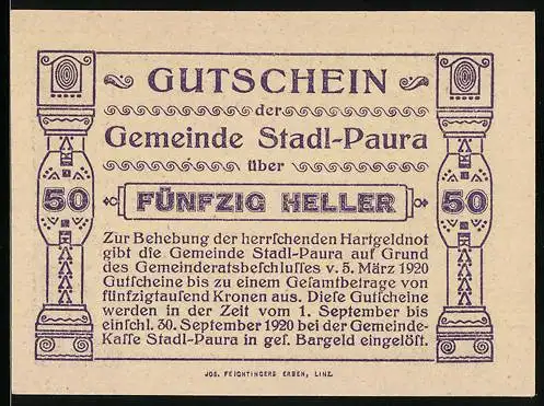 Notgeld Stadl-Paura 1920, 50 Heller, Gutschein mit Verzierungen und Text zur Einlösung bis 30. September 1920