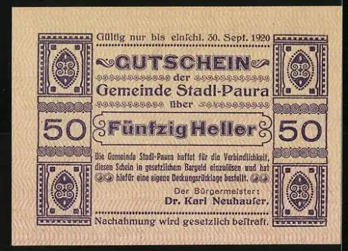 Notgeld Stadl-Paura 1920, 50 Heller, Gutschein mit Verzierungen und Text zur Einlösung bis 30. September 1920