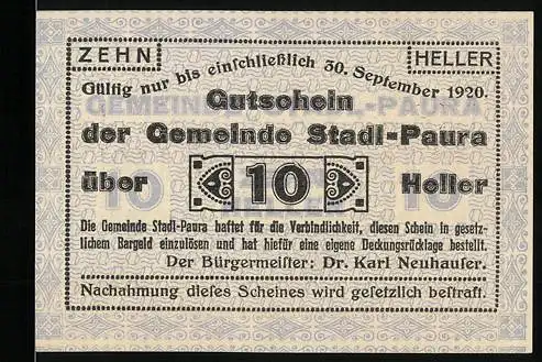 Notgeld Stadl-Paura 1920, 10 Heller, Gutschein der Gemeinde mit Gültigkeit bis 30. September 1920