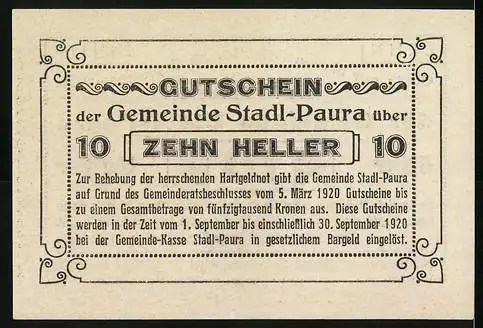 Notgeld Stadl-Paura 1920, 10 Heller, Gutschein der Gemeinde mit Gültigkeit bis 30. September 1920