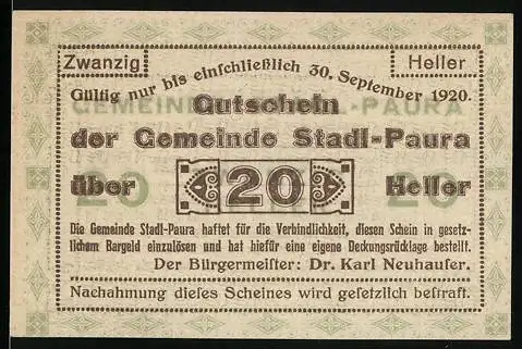 Notgeld Stadl-Paura 1920, 20 Heller, Gutschein mit Text zur Einlösung und Gültigkeit bis 30. September 1920