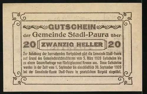 Notgeld Stadl-Paura 1920, 20 Heller, Gutschein mit Text zur Einlösung und Gültigkeit bis 30. September 1920