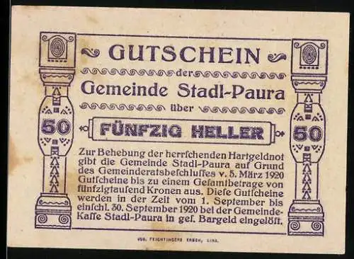 Notgeld Stadl-Paura 1920, 50 Heller, Ornamentmuster und Schriftzug Gutschein