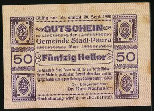 Notgeld Stadl-Paura 1920, 50 Heller, Ornamentmuster und Schriftzug Gutschein