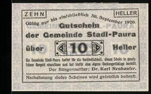 Notgeld Stadl-Paura 1920, 10 Heller, Gutschein der Gemeinde bis 30. September 1920