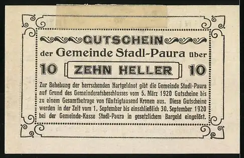 Notgeld Stadl-Paura 1920, 10 Heller, Gutschein der Gemeinde bis 30. September 1920