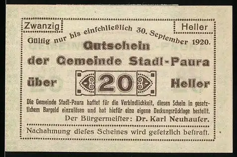 Notgeld Stadl-Paura 1920, 20 Heller, Gutschein mit Text und Verzierungen