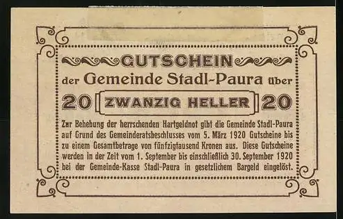 Notgeld Stadl-Paura 1920, 20 Heller, Gutschein mit Text und Verzierungen