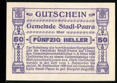 Notgeld Stadl-Paura 1920, 50 Heller, lila Verzierungen und Text über wirtschaftliche Notlage