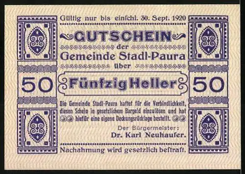 Notgeld Stadl-Paura 1920, 50 Heller, lila Verzierungen und Text über wirtschaftliche Notlage