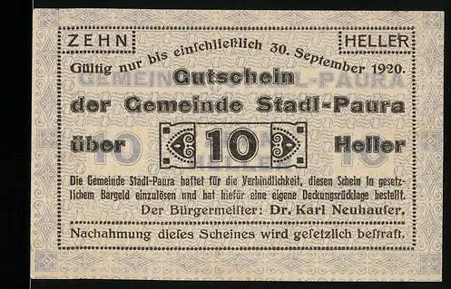 Notgeld Stadl-Paura 1920, 10 Heller, Gutschein der Gemeinde mit Text zur Einlösung und Gültigkeit