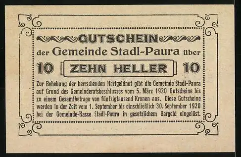 Notgeld Stadl-Paura 1920, 10 Heller, Gutschein der Gemeinde mit Text zur Einlösung und Gültigkeit