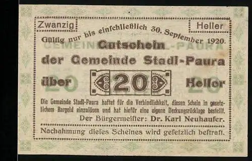 Notgeld Stadl-Paura 1920, 20 Heller, Gutschein der Gemeinde mit Text und Ornamenten