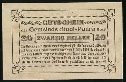 Notgeld Stadl-Paura 1920, 20 Heller, Gutschein der Gemeinde mit Text und Ornamenten