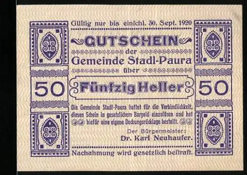 Notgeld Stadl-Paura 1920, 50 Heller, ornamentale Muster und Textbänder