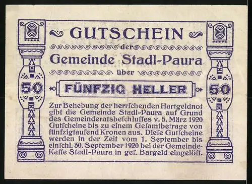 Notgeld Stadl-Paura 1920, 50 Heller, ornamentale Muster und Textbänder